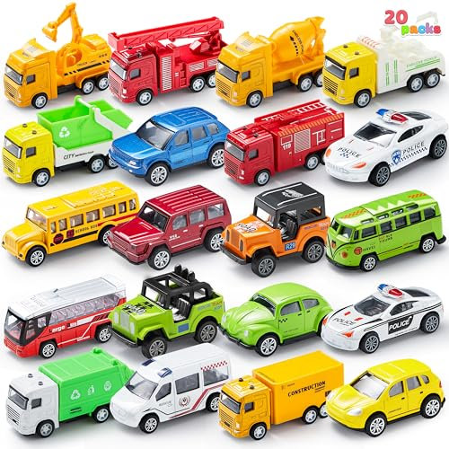 JOYIN 20 Pièces à Tirer en Métal moulé sous Pression Jouet Modèle de Voiture Ensemble de Véhicule pour Les Tout-Petits, Filles et Garçons Enfants Jeu de Voiture Ensemble