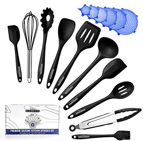 Silicone Kitchen Utensils Set for Cooking & Baking [10 Pieces] | with Free Set of Silicone Stretch Lids | Spatula, Whisk, Tongs | Heat Resistant & Non-Stick | by Kitchen Elements