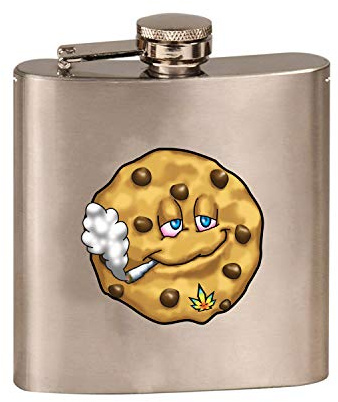 Pot Smoking Pals Chewy Soft Chocolate Chip Baked Cookie Desert Snack Treat - 3D Color Printed 6 oz. Stainless Steel Flask (Steel Silver)