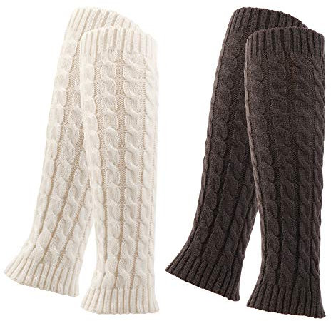 QKURT 2 par benvärmare, knän hög stulpen brun benvärmare för kvinnor, varma ben stulpen sticka.