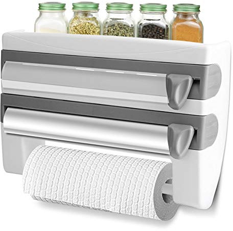 Portarrollos de pared, dispensador de triple corte, portarrollos de papel con cuchillas afiladas, cortador de película con estante para un total de 3 rollos, cocina, baño 39 x 10 x 24 cm(gris)