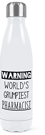 Warning World's Grumpiest Pharmacist Double Wall Water Bottle Insulated Stainless Steel Sports Drinks 500ml White