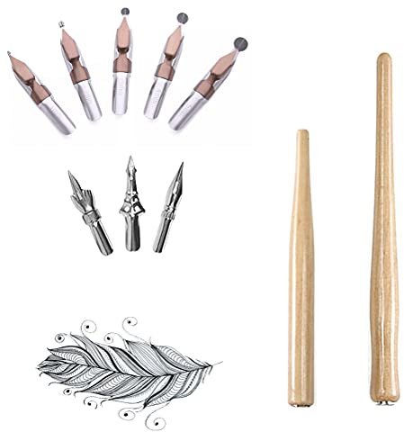 MiaLover 10 Stück Schreibfeder set,Federhalter mit Zeichenfeder für Comics, Federhalter mit Feder mit 2 Holzfarbe Holz Stifthaltern 8 Federn für Karikaturisten und Künstler