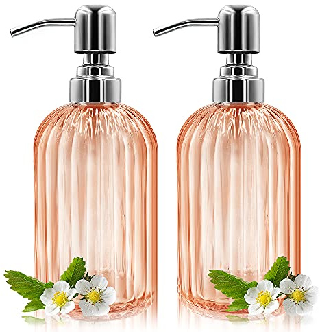 Soap Dispenser - 2 Pack 14 Oz Glass Soap Dispenser with Rust Proof Stainless Steel Pump, Refillable Liquid Bottle Dispenser, Premium Hand Jar Dispenser for Bathroom, Kitchen, Countertop (Amber)