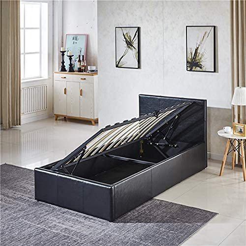 Black 3ft single Side Lift Ottoman Storage gas lift up Bed frame (Black)