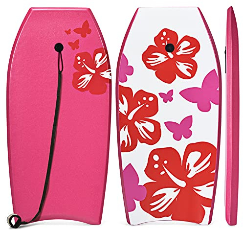 GYMAX Planche de Surf Robuste en XPE et HDPE, Plus de 14 Ans, Rose | Charge Maximal 85 KG, 105×51×6 CM, Bodyboard avec Sangle de 90 CM, Design Exquis avec Motif de Fleur