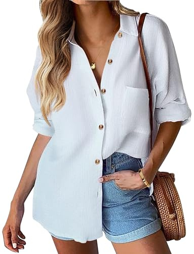 Hotouch Damblus bomull skjorta fritid långärmad skjorta blus v-ringad elegant för knappar långärmad skjorta casual arbetströja S–XXL, 1a-vit, M