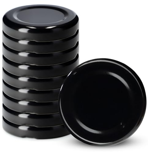 KADAX Tapa de Rosca fi43 mm, Juego de Tapas de Metal para Vasos de 40 ml, Tapa de Repuesto con 4 Dientes de Bloqueo, Tapa para tarros de caída, Botellas y tarros de (10 Unidades), Color Negro