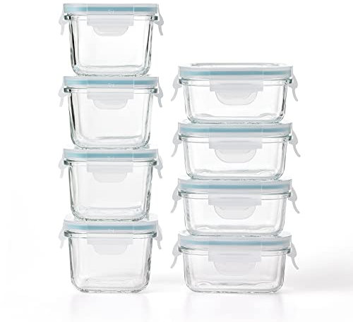 Glasslock Mini Reusable 5 Ounce Rectangular and 7 Ounce Square Tempered Glass Food Storage Container Set for Fridge and Freezer, 8 Piece Set
