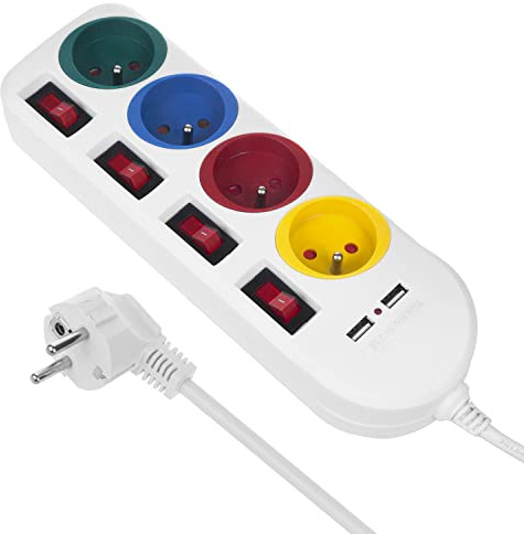Maclean MCE229 4-Fach Steckdosenleiste Typ-E mit 2X USB-Anschlüssen 5V/2.1A Mehrfachsteckdose Mehrfach Steckdosen Leiste Kinderschutz Max. 2500 W 10A 1,5m Kabel (Weiß)