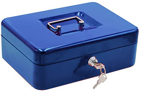 MICEL - 13397 - Geldkassette mit Schlüssel, zum Zählen und Transportieren von Geld, mit Stahlgriff, inkl. Ablagefach, blau, 250 x 180 x 90 mm