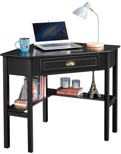 Yaheetech Bureau d'angle Poste de Travail Informatique Bureau en Bois avec Tiroir et Étagère de Rangement Design Classique et Élégant 106 × 71,5 × 76,5 cm Blanc