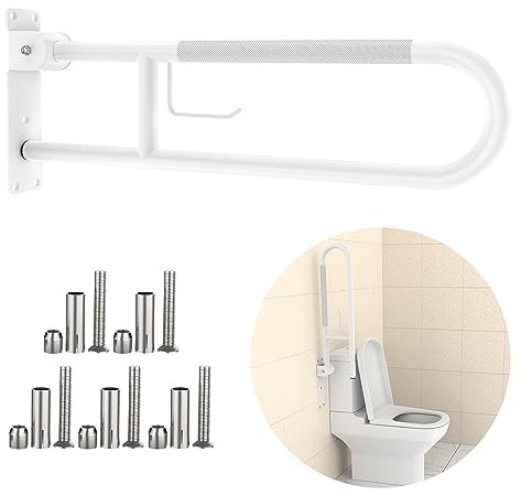 Toilet Grab Bar 32 Inch, YuanDe White Anti-Slip Support Rail | U Shaped Flip-Up Grab Bar with Paper Holder, Stainless Steel Knurled Handicap Safety Handrails for Disabled Elderly Pregnant