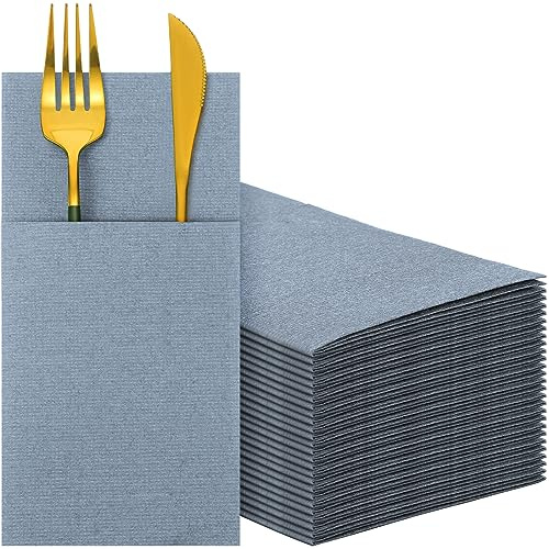 Qilery 75 Pieces Dusty Blue Linen Feel Napkins, Disposable Paper Napkins Prefolded Dinner Napkin with Built-in Flatware Pocket for Silverware Valentine Wedding Party Decoration