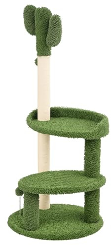 PawHut Kaktus Kratzbaum 111 cm mit 2 Etagen für Katzen bis 10 kg Grün | Katzenkratzbaum, Spielball Katzenbaum, Kletterbaum mit Katzenbett, Katzenmöbel, Sisal