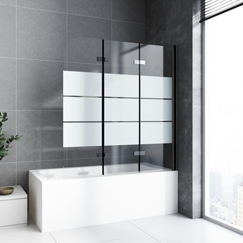 Duschwand für Badewanne faltbar 3 teilig 120 x 140 cm Gestreift Badewannenfaltwand Duschtrennwand 6mm Nano Glas Duschabtrennung Badewanne,Schwarz