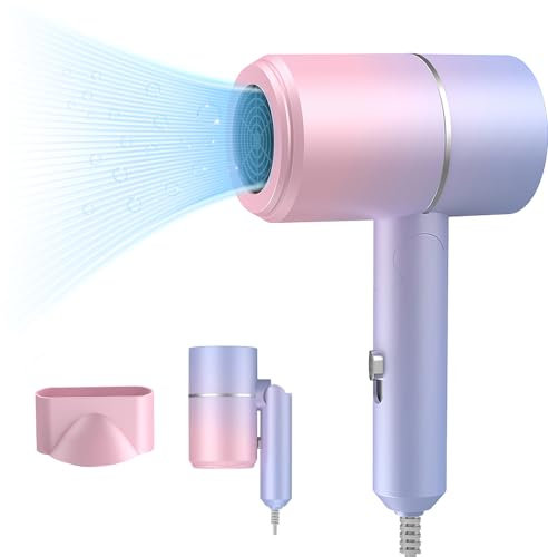 Lotvic Hair Dryer, Professional Hair Dryer, Foldable Small Travel Hairdryer, Blow Dryer with Heating and Cool Button, Fast Drying Ionic Hairdryer for Women, Men, Salon, Home (Gradient Purple)