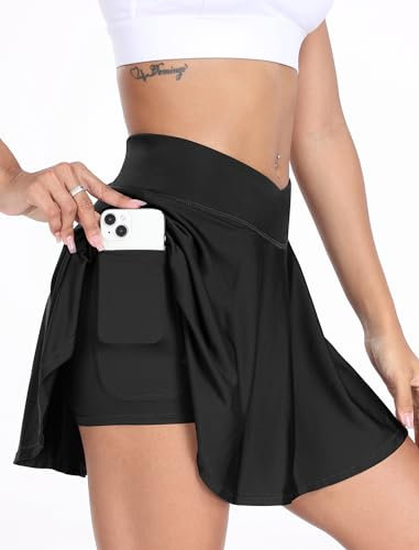 Tennis Rock Damen Sport Golf Skort mit Tasche & Innenhose Minirock Laufrock dehnbar V Bund Hohe Taille Rock Schwarz XL
