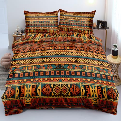Nyescasa Bohemian Bettwäsche 135x200 4teilig Vintage Boho Indisch Geometrisch Böhmisch Wendebettwäsche Set Weiche Mikrofaser Rot Gelb Bunt Bettbezüge mit Reißverschluss und 2 Kissenbezug 80x80cm