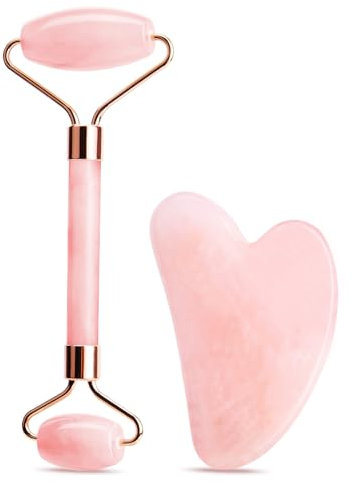 URAQT Gua Sha und Gesichtsroller, Rosa Guasha Stein Gesichtsmassagegerät Skincare, Jade Roller Fördert die Aufnahme, Verbesserung Von Feinen Linien, Skin Care, Geschenke zum Valentinstag