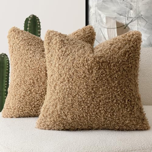 Foindtower - Juego de 2 Fundas de cojín de Piel sintética, 45 x 45 cm, Suaves y mullidas, Fundas Tipo Sherpa de Piel de Oveja, decoración para Cama, sofá y Sala de Estar, Bronce