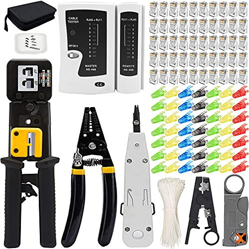 Leatbuy Netzwerk-Crimpwerkzeug-Set für RJ45/RJ11/RJ12/CAT5/CAT6/Cat5e/8P, professionelle Crimp-Steckverbinder-Abisolierzange, Computerwartung, LAN-Kabelzange, Tester, Reparatur-Set (schwarz)