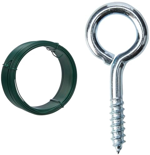 Merriway® BH00134 Plastic Coated Garden Wire, 1.2 mm x 0.75 (30 meters) - Green & ® BH01145 (25 Pcs) Zinc Plated Steel Screw-In Eyes, 40 mm (1.1/2 inch) - Pack of 25 Pieces