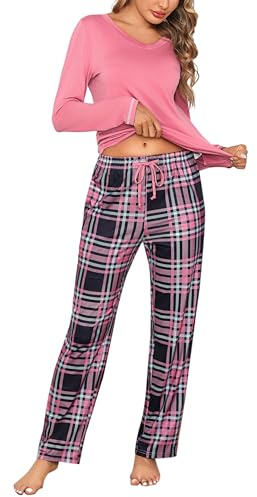 Litherday Pigiama Donna Invernale in Cotone Due Pezzi con Maglia a Manica Lunga e Pantaloni a Quadri Scollo a V Comodo per Casa Autunno Inverno,Rosa Rosa,M