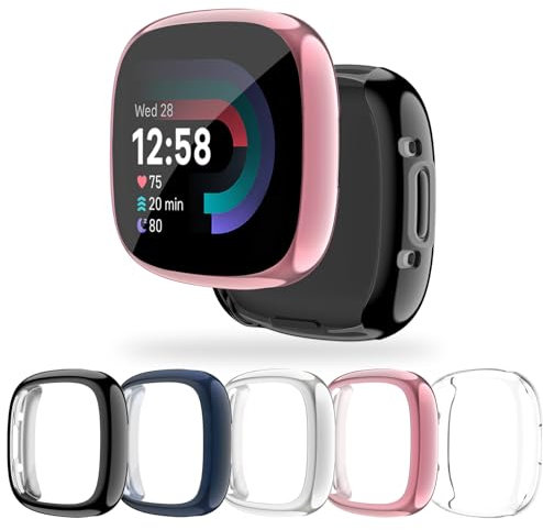AK für Fitbit Versa 4 Hülle/Fitbit Sense 2 Hülle, 5 Pack TPU Schutzhülle mit Schutzfolie für Versa 4/Sense 2 Smartwatch Zubehör Vollständige Abdeckung Schutz Displayschutz