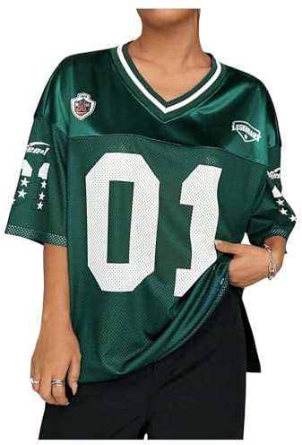 SOLY HUX Women's Plus Size Jersey Shirts Letter Graphic Sports T-Shirts Loose Football Blokecore Tee Tops Green Graphic X-Large Plus