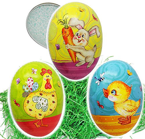 alles-meine.de GmbH 2 TLG. Set Ostergras & Füll - Pappei 15 cm - Bunte Oster Motive - Hase/Küken/Hahn - Osterei/Ei zum befüllen - Deko Pappe Papp Pappeier Dekoei Papp..