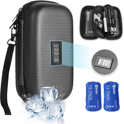 Insulinkühler Reisekoffer TSA genehmigte Medikament Diabetischer Kühler für Reisen mit Thermometer Temperaturanzeige Kühler Medizin Organizer Tasche mit 2-Eis-Pack (schwarz)