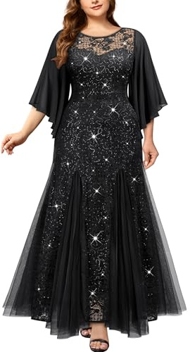 MISSMAY Women's Plus Size Elegant Butterfly Sleeve Chiffon Floral Sequin Lace Contrast Mesh Mermaid Hem Evening Party Long Dress