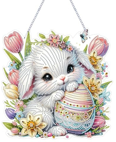 FONDUO Diamond Painting Ostern Hase, Ostern Deko Doppelseitig Diamant Painting Tischdeko, DIY Diamond Painting Frühling Deko, 5D Diamant Malerei Ornamente Bastelset für Erwachsene Kinder Geschenk (F)
