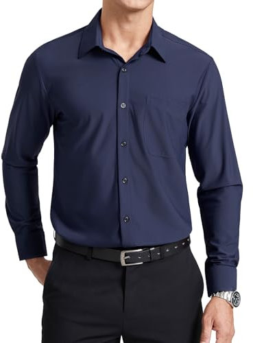 Enlision Mens Long Sleeve Shirt Navy Blue Regular Fit Button Down Shirt Non Iron Stretch Business Office Formal with Pocket, 4XL