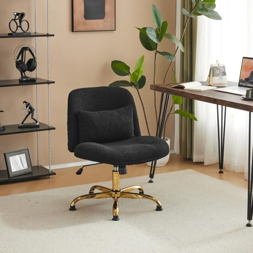 Bonnlo Wide Criss Cross Legged Office Chair Ergonomic Swivel Chair with Gold Base & Memory Foam Pillow, Adjustable Armless Vanity Chairs with Wheels, Dressing Chair, Teddy Fleece Fabric, Black
