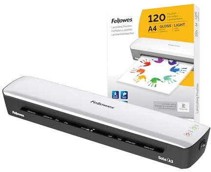 Fellowes Laminiergerät A3 Sola für Zuhause und Homeoffice, für Laminierfolien bis 125 Mikron Stärke, staufrei + Fellowes A4 Laminierfolien, glänzende Oberfläche, 120 Hüllen - Amazon Exclusive