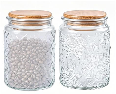 CZCMYAU Tea Coffee Sugar Canisters Sets,700ML Glass Storage Jar with Bamboo Lids,Set of 2 Airtight Containers for Spice,Cereal,Flour,Nuts,Cookie,Biscuit