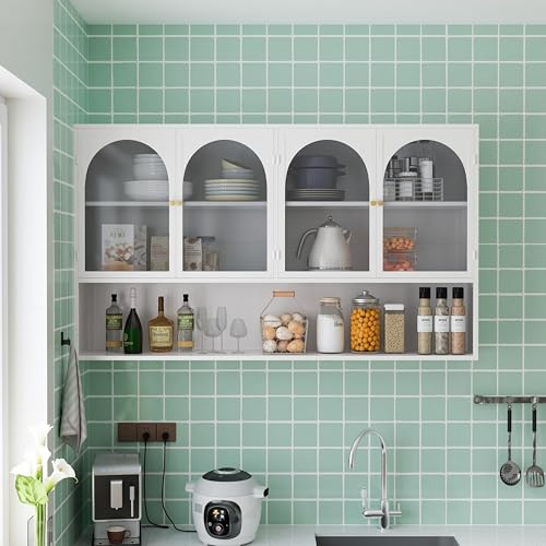 Merax Hängevitrine Glasvitrine Wandschrank Hängeregal Schaukasten, 4 Glastüren, Offener Stauraum, für Esszimmer Küche Wohnzimmer Badezimmer Eingangsbereich, Weiß/120x23x70 cm