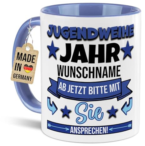 Tassendruck Tasse zur Jugendweihe mit Namen und Jahr selbst gestalten - Ab jetzt Bitte mit Sie ansprechen, blau - Personalisiertes Geschenk - Keramiktasse, 300 ml, Innen & Henkel Cambridge Blau