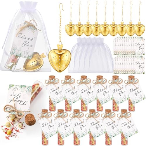Yiyiring 25 Sets Bridal Shower Tea Party Favors Bulk for Guests Include Heart Tea Infuser, Glass Jar, Thank You Gift Tag, Drawstring Organza Bag for Wedding Bridal Shower Souvenir Gift Party Supplies