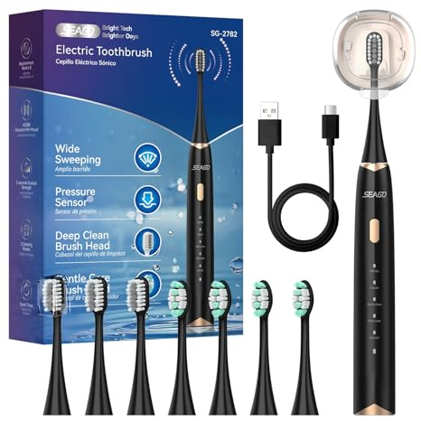 Seago brosse à dent électrique, brosse a dent sonique avec capteur de pression, 8 têtes et porte brosse à dents electrique, 5 modes, IPX7, SG2782, Noir