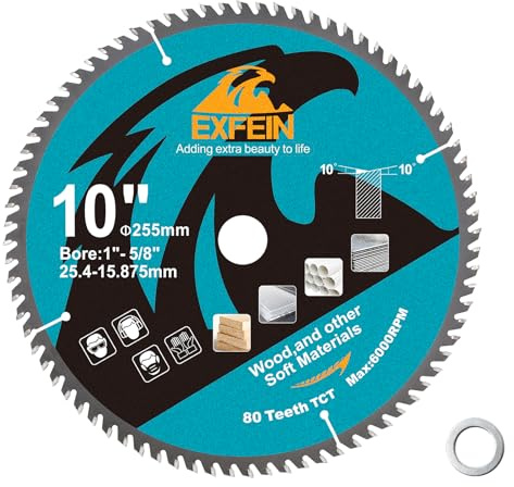 Disco da taglio per legno EXFEIN 255mm - Lama per sega circolare compatta a denti in carburo 80T TCT, uso generale per taglio in legno, plastica e materiali compositi