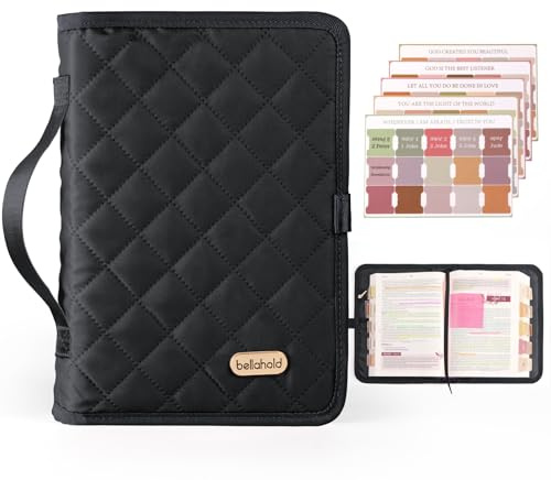 BellaHold Adjustable Bible Cover with 75 Bible Tabs - Bible Cover Case for Women，Waterproof, Washable Quilted Bible Case，Reusable Christian Gifts for Women (Black, L)