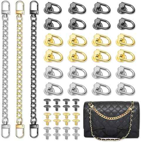 24 Pièces Rivets en Cuir, Rivets à Anneaux en D avec 3 Pièces Chaînes, Métal Rotatif Goujon Vis Rivet en Cuir pour Bricolage Sac à Dos Ceinture Bourse Accessoires