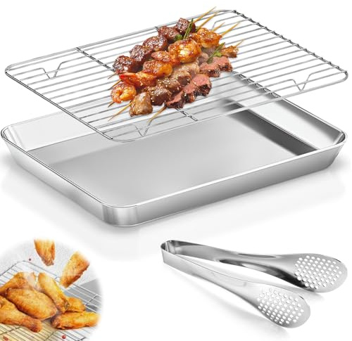 Bakplåt med kylställ och kökstänger, rostfritt stål rektangulär kakform för matlagning, diskmaskinsäker och lätt att rengöra ugnsark för bröd/kakor/köttmatlagning (40,5 x 30,5 x 2,5 cm)
