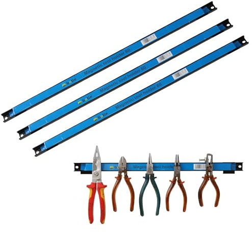 3 barras de herramientas magnéticas de metal, longitud de 60 cm, color negro, soporte para herramientas, imán fuerte, con agujeros de fijación, tornillos y tacos incluidos para destornilladores