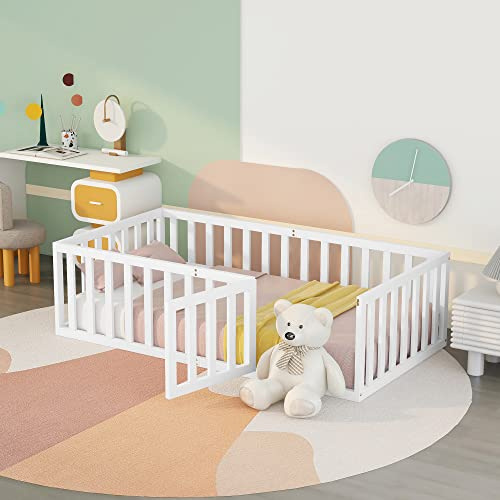 Goldicoo Bodenbett 90x200, Montessori Kinderbett mit Rausfallschutz, Gitterbett mit Tür, Holz