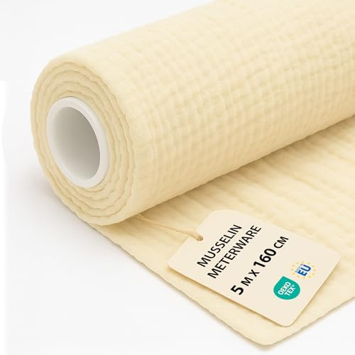 Musselin Stoff Meterware 5 M x 160 cm - Baumwollstoff Stoffe zum Nähen ideal für Bettwäsche Decke Kinder Tuch Tischläufer leichte Baumwolle Fabric Musselinstoff Oeko-Tex-Zertifikat Hellbeige
