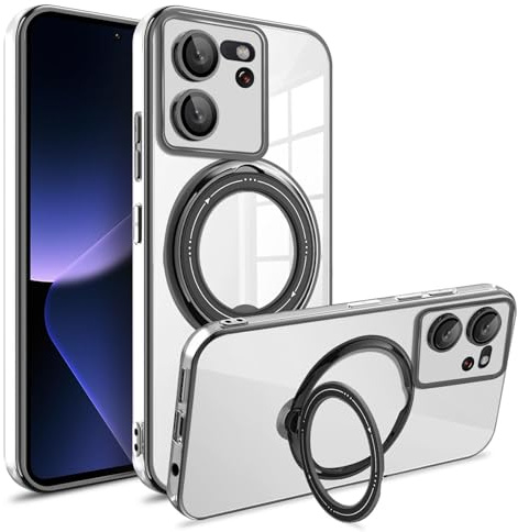 JIAFEI Funda para Xiaomi 13T 5G / Xiaomi 13T Pro 5G, Transparente Magnética Carga Inalámbrica Carcasa con 360° Giratorio Soporte, Protector de Lente de Cámara Cubierta, Negro
